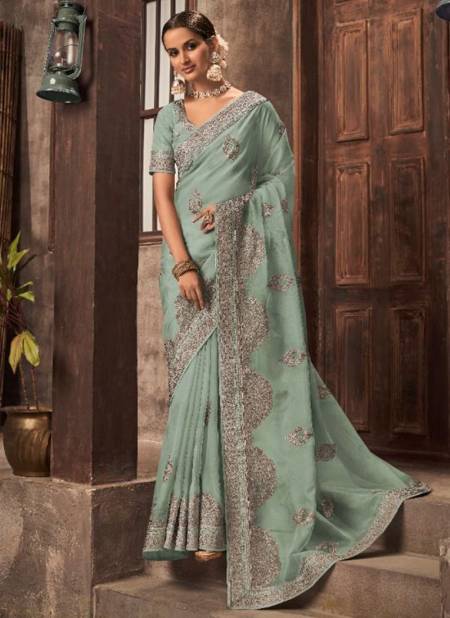 Sea Blue Colour Tyohar Kavira New Latest Designer Ethnic Wear Gold Zari Organza Saree Collection 6002